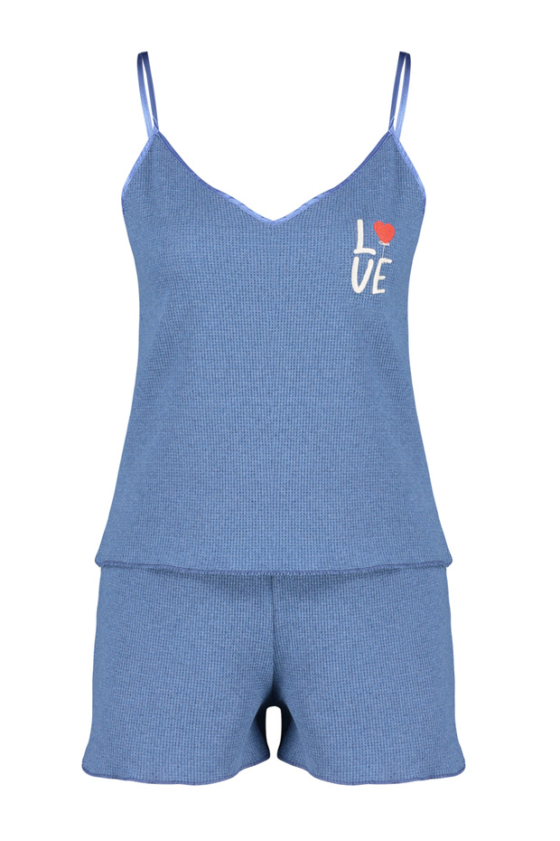 Mavi Dokulu Nakışlı İp Asklı Şortlu Örme Pijama Takımı THMSS24PT00155 - 7