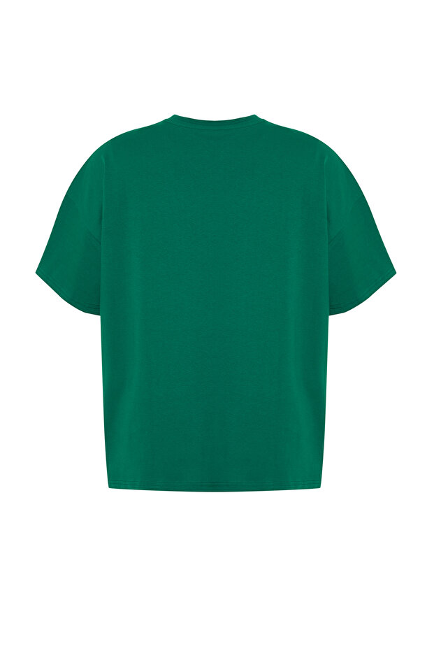 Yeşil Geniş Kalıp Bisiklet Yaka Baskılı %100 Pamuk Örme T-shirt TBBSS23AH00131 - 8