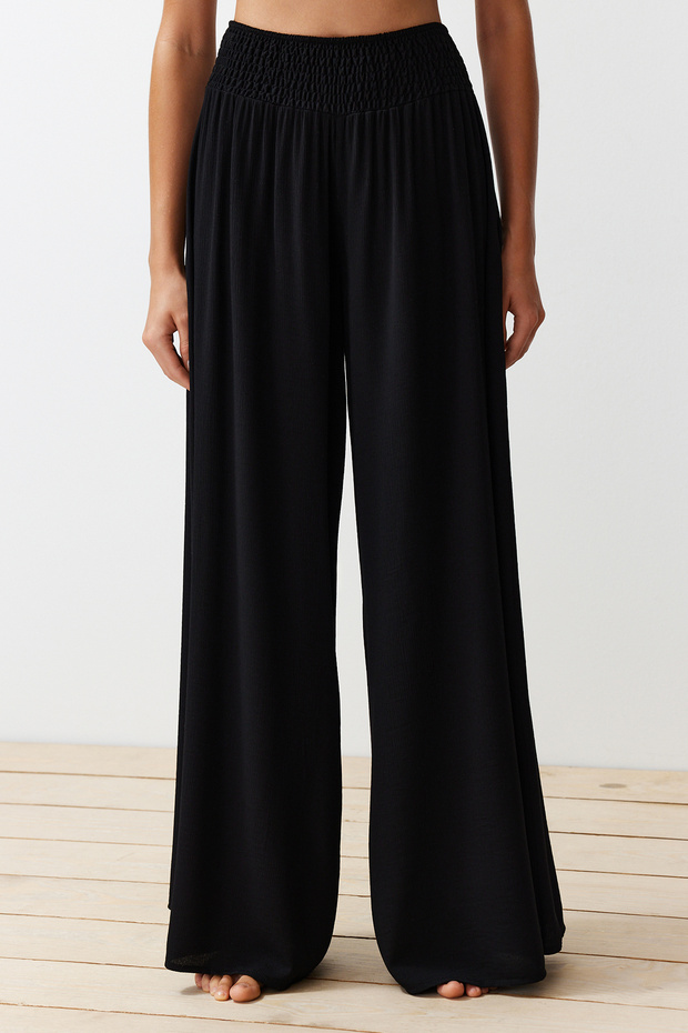 Siyah Dokuma Gipeli Maxi Plaj Yüksek Bel Pantolon TBESS24PL00008 - 5