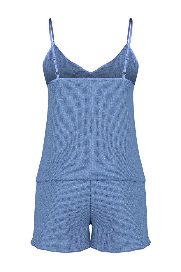 Mavi Dokulu Nakışlı İp Asklı Şortlu Örme Pijama Takımı THMSS24PT00155 - 8