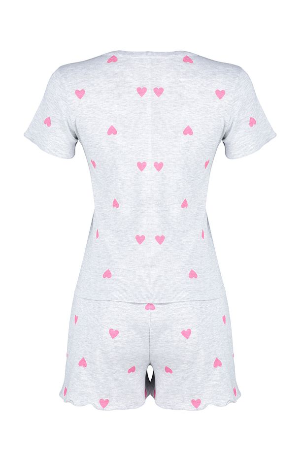 Gri Melanj Kalpli Slogan Baskılı Lastikli Fitilli Şortlu Örme Pijama Takımı THMSS24PT00220 - 7