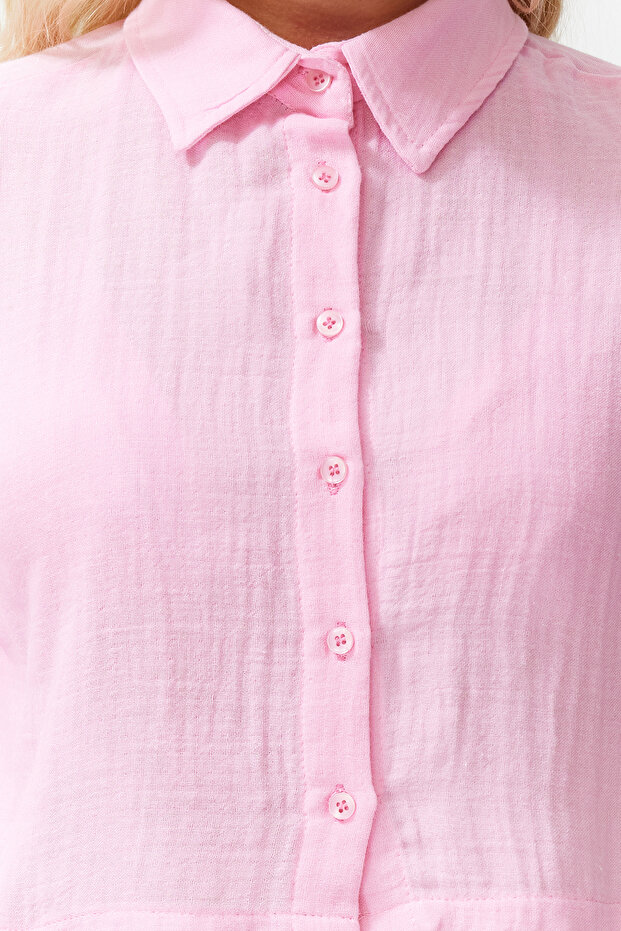 Pembe Dokuma %100 Pamuk Plaj Crop Gömlek TBESS24GO00011 - 4