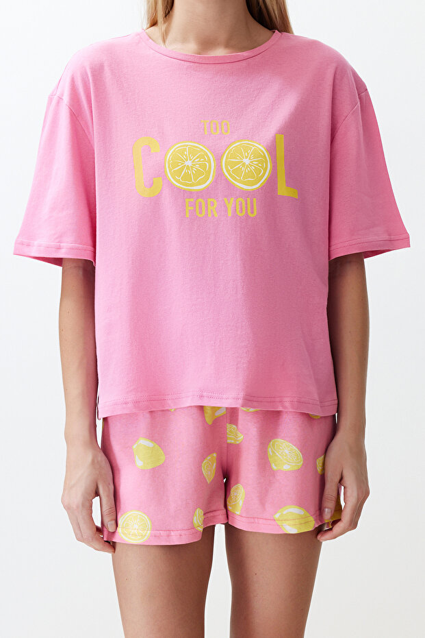 Pembe %100 Pamuklu Slogan ve Limon Baskılı Şortlu Örme Pijama Takımı THMSS24PT00226 - 5