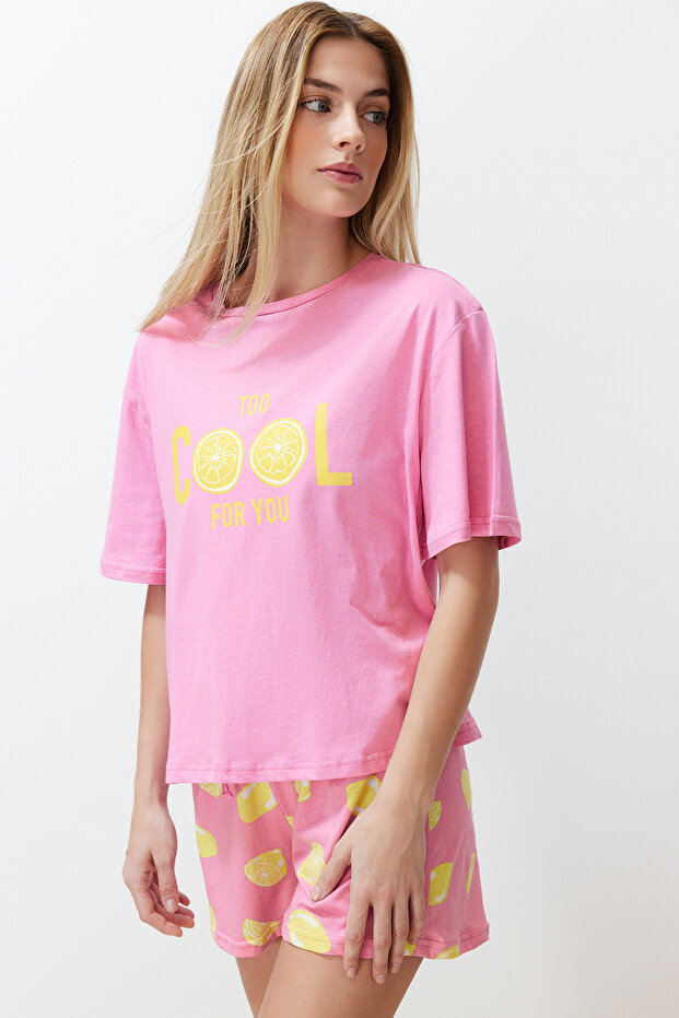 Pembe %100 Pamuklu Slogan ve Limon Baskılı Şortlu Örme Pijama Takımı THMSS24PT00226 - 3