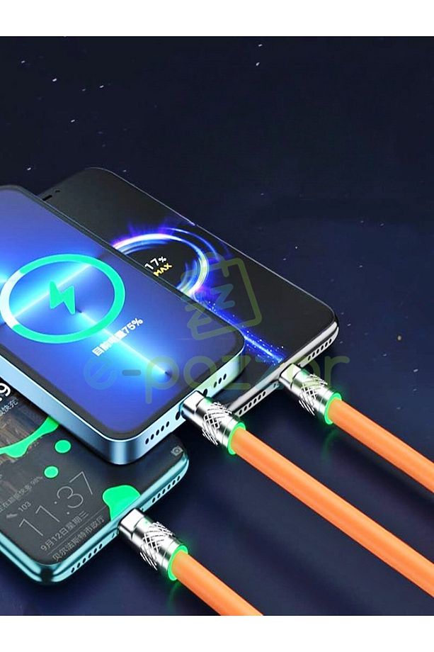 3in1 120w 6 Amper Typc-e Micro Lightning Android İos Uyumlu Soft Silikon Hızlı Şarj & Data Kablosu - 6