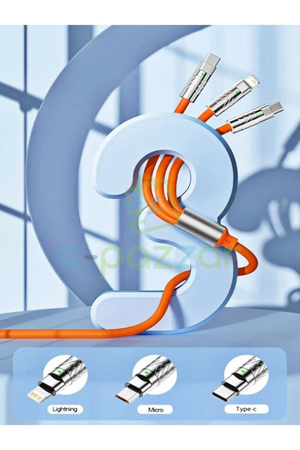 3in1 120w 6 Amper Typc-e Micro Lightning Android İos Uyumlu Soft Silikon Hızlı Şarj & Data Kablosu - 3