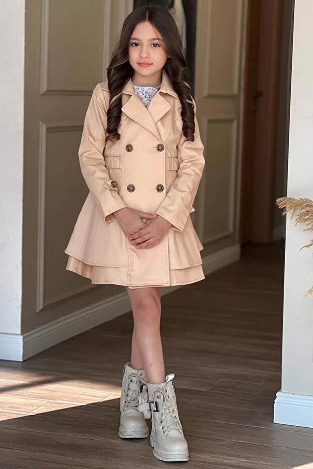 Girl's Floral Patterned Pleated Beige Trench Coat Dress