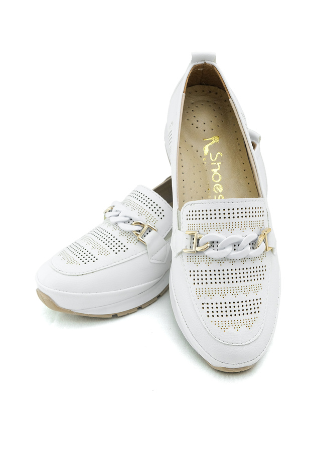 Women's White Laser Cut Patterned Buckle Detail Orthopedic Comfortable Insole Casual Shoes
