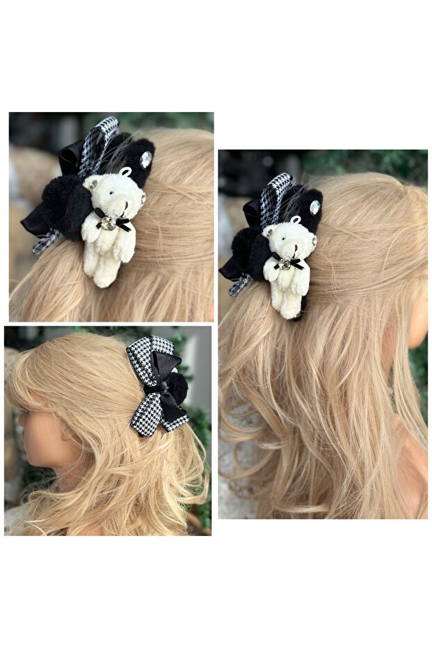 luxury large double-sided with rhinestones fancy houndstooth bow plush bear clip buckle black white