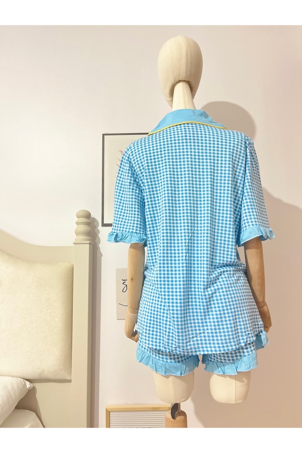Bebek Mavisi Pötikareli Fırfırflı Şortlu Pijama Takımı - 5