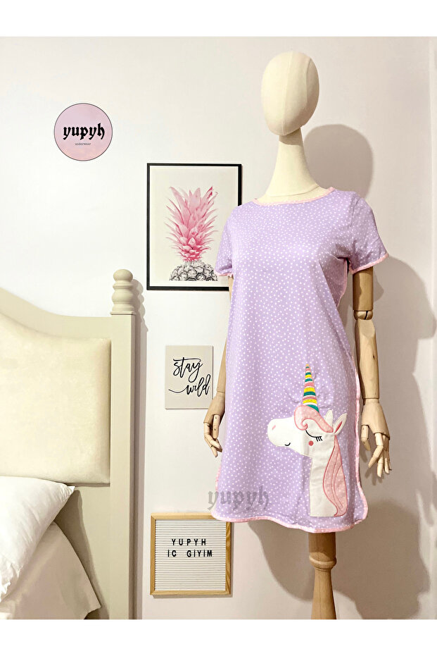 Unicorn İşlemeli Lila Pijama Elbise - 1