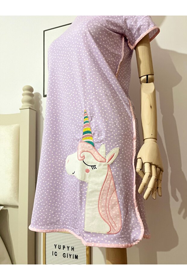 Unicorn İşlemeli Lila Pijama Elbise - 3