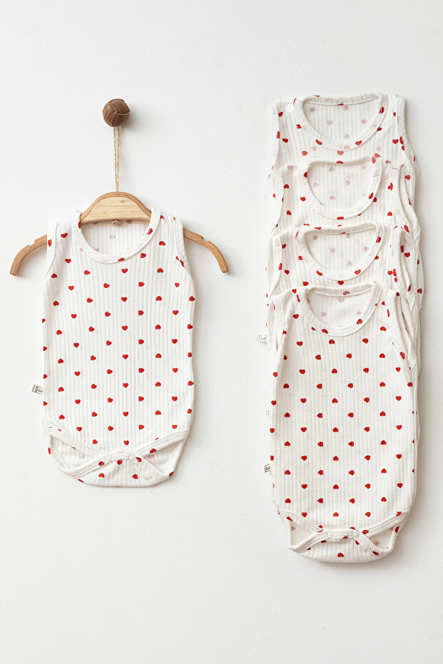 BABY ZERO SLEEVE 100% COTTON HEART PATTERNED BICYCLE COLLAR STRAP BODY & ZIBIN 5-PIECE SET SET