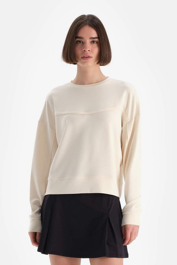 Ekru Kadın Modal Biye Detaylı Sweatshırt - 1