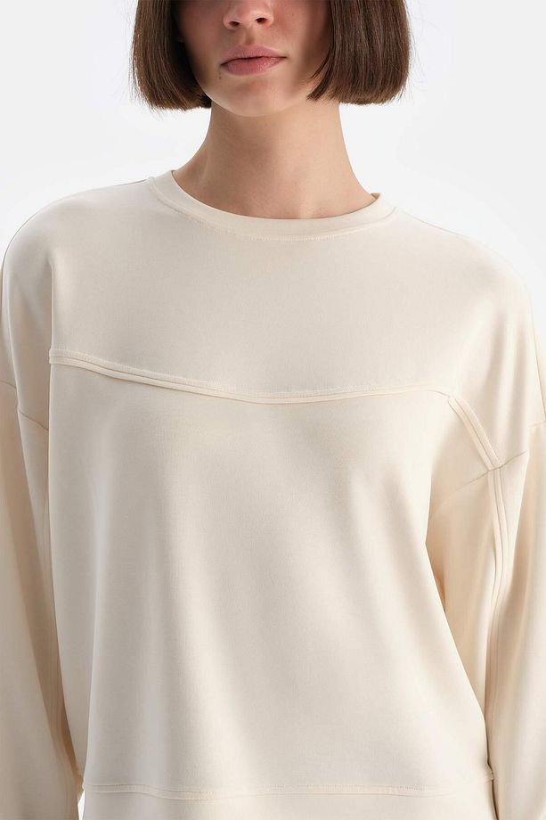 Ekru Kadın Modal Biye Detaylı Sweatshırt - 5