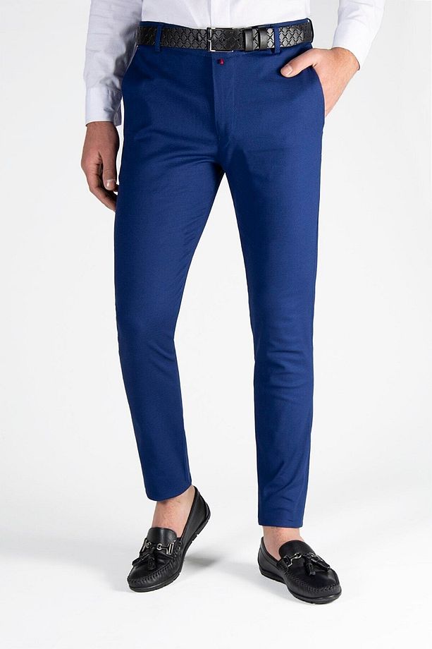Erkek Slim Fit Petekli Italyan Kesim Keten Pantolon 21k-2200420-6 Parlement Mavisi - 1