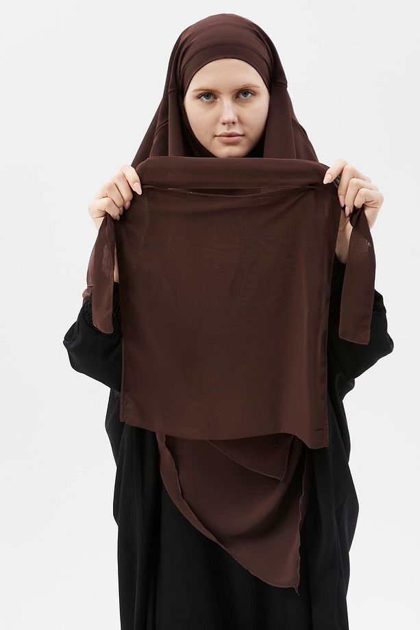 Hazır Pratik Şifon Üç Katlı Peçeli Üçgen Hac Umre Şalı Sufle Hijab Nikap Kahve Rengi - 7