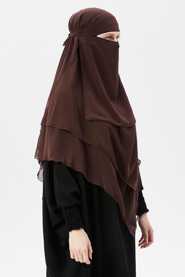 Hazır Pratik Şifon Üç Katlı Peçeli Üçgen Hac Umre Şalı Sufle Hijab Nikap Kahve Rengi - 4