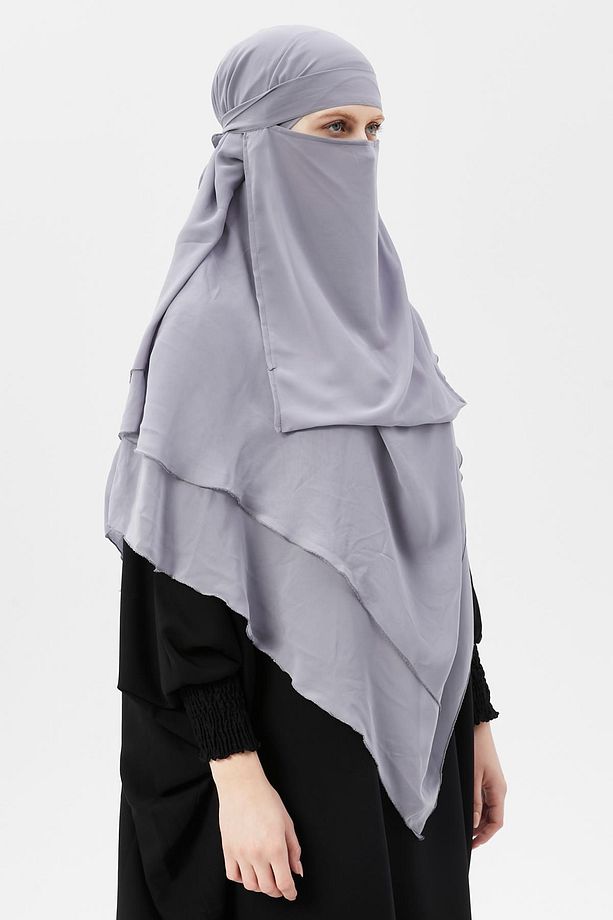 Hazır Pratik Şifon Üç Katlı Peçeli Üçgen Hac Umre Şalı Sufle Hijab Nikap Gri - 7