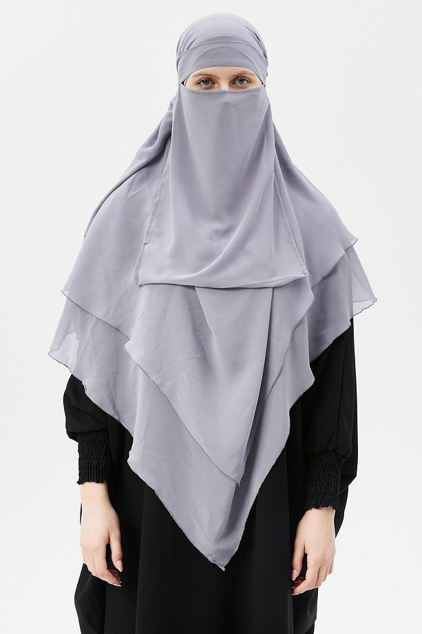 Hazır Pratik Şifon Üç Katlı Peçeli Üçgen Hac Umre Şalı Sufle Hijab Nikap Gri - 1