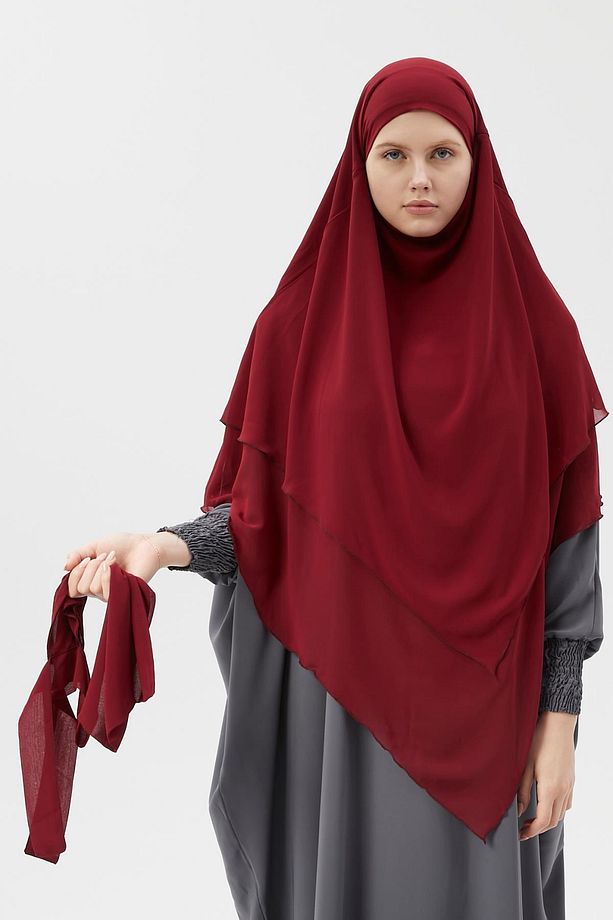 Hazır Pratik Şifon Üç Katlı Peçeli Üçgen Hac Umre Şalı Sufle Hijab Nikap Bordo - 5