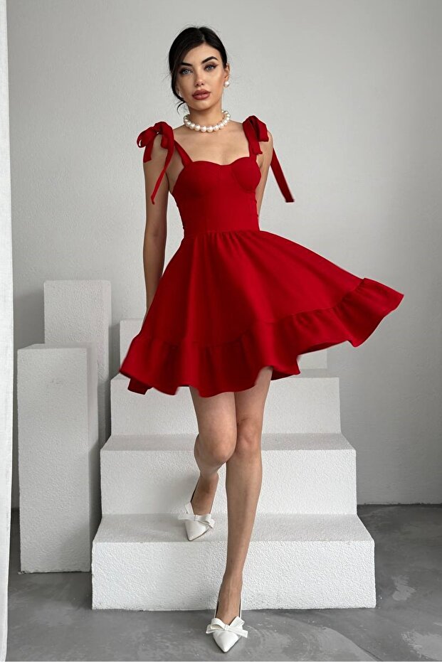 Women's Atlas Fabric Flared Red Mini Evening Dress with Chest Pad and Tie Strap Design 236 - 1