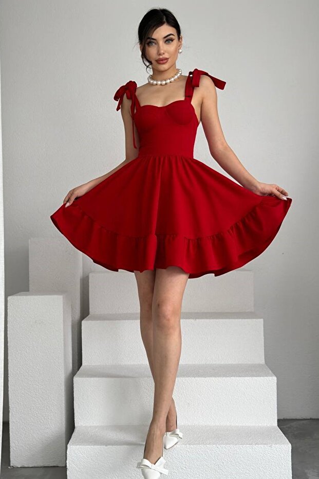Women's Atlas Fabric Flared Red Mini Evening Dress with Chest Pad and Tie Strap Design 236 - 6