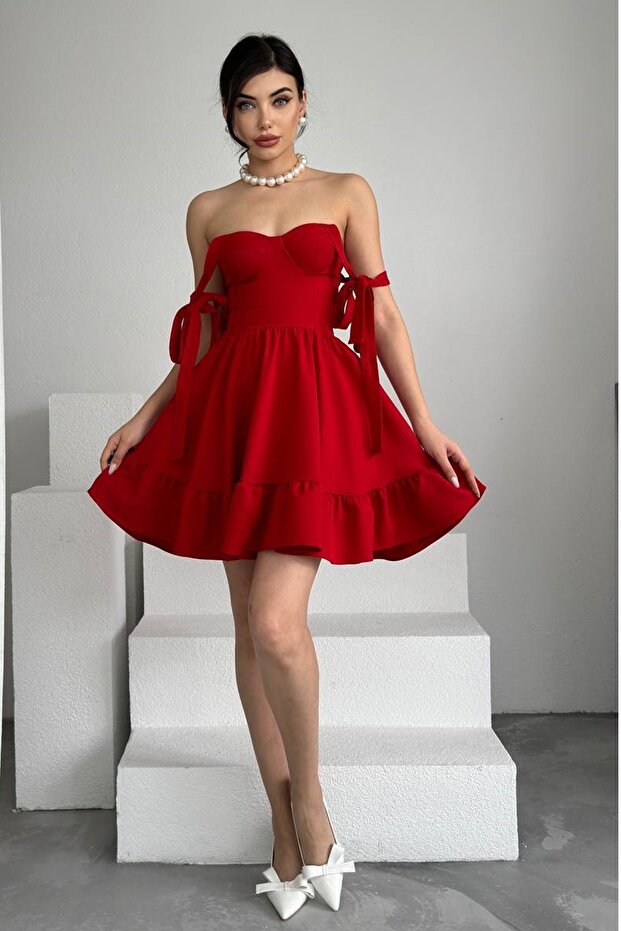 Women's Atlas Fabric Flared Red Mini Evening Dress with Chest Pad and Tie Strap Design 236 - 5