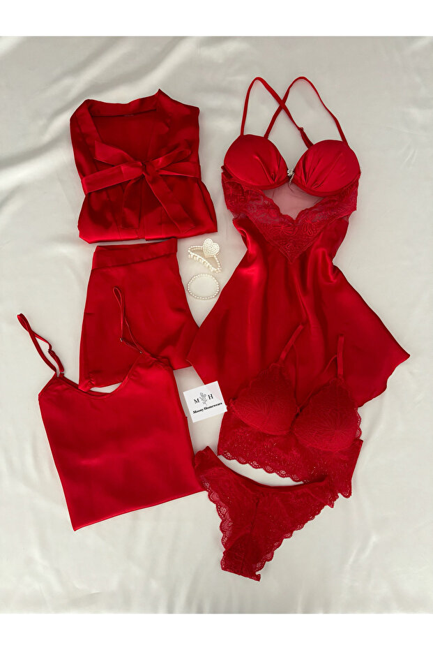 Omugole Red Satin Padded Nightgown, Robe, and Pajama Bridal Set (Boxed)