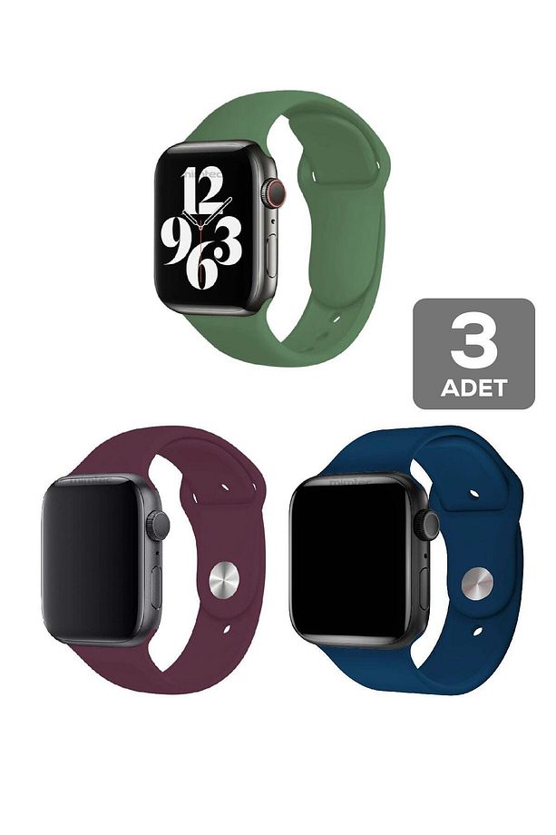 Apple Watch 4 5 6 7 8 9 10 Se 38 40 41mm Kordon Kayış 3 Adet Set Bileklik Klasik Kaliteli Silikon - 1
