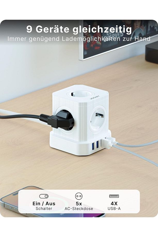 PowerCube 9'u 1 Arada USB'li Priz, Yüksek Gerilim Koruması 2500W 2M Kablo - 2