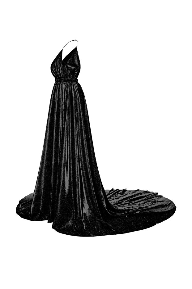Özel Tasarım Simli Siyah Uzun Elbise - 1