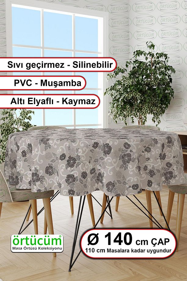 Yuvarlak Pvc Muşamba Mutfak Masa Örtüsü Elyaflı Astarlı Silinebilir Naylon 140 cm Siyah Çiçek - 1