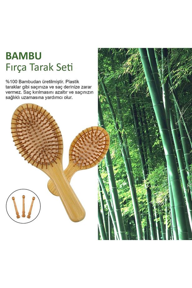 4 Adet Doğal Bambu Fırça Tarak Seti %100 Bambu Set - 4