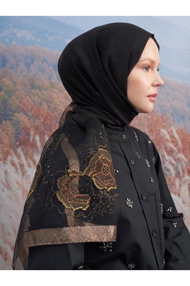 Embroidered Turquoise Shawl - Black