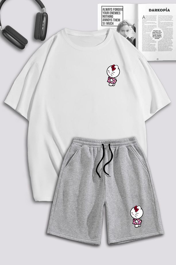 Unisex Kadın Erkek Hello Kitty Baskılı Özel Tasarım Oversize Tshirt Ve Şort Eşofman Takımı - 1