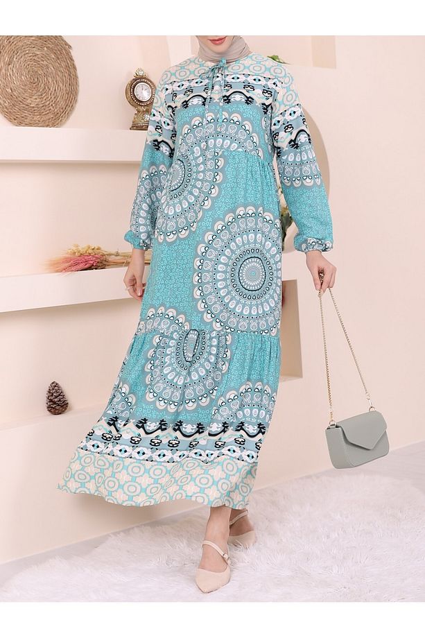 Parçalı Deseli Bağcıklı Kolu Lastikli Elbise - 3