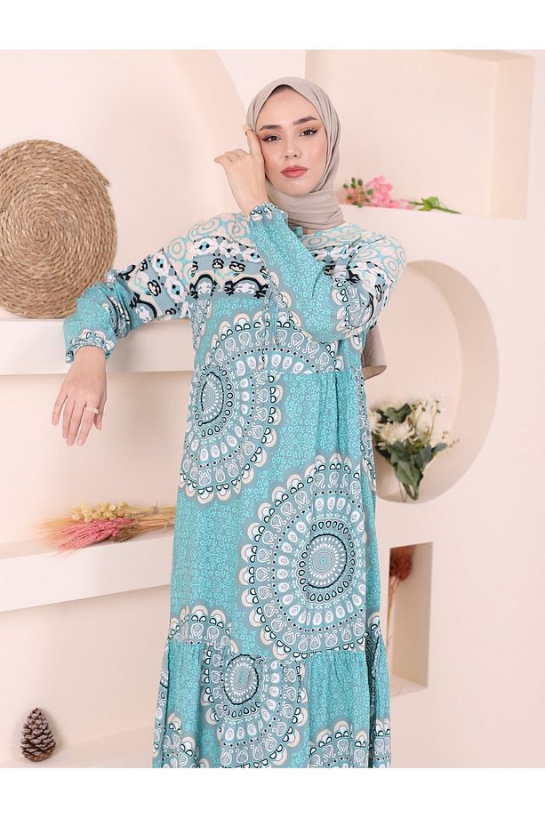 Parçalı Deseli Bağcıklı Kolu Lastikli Elbise - 4