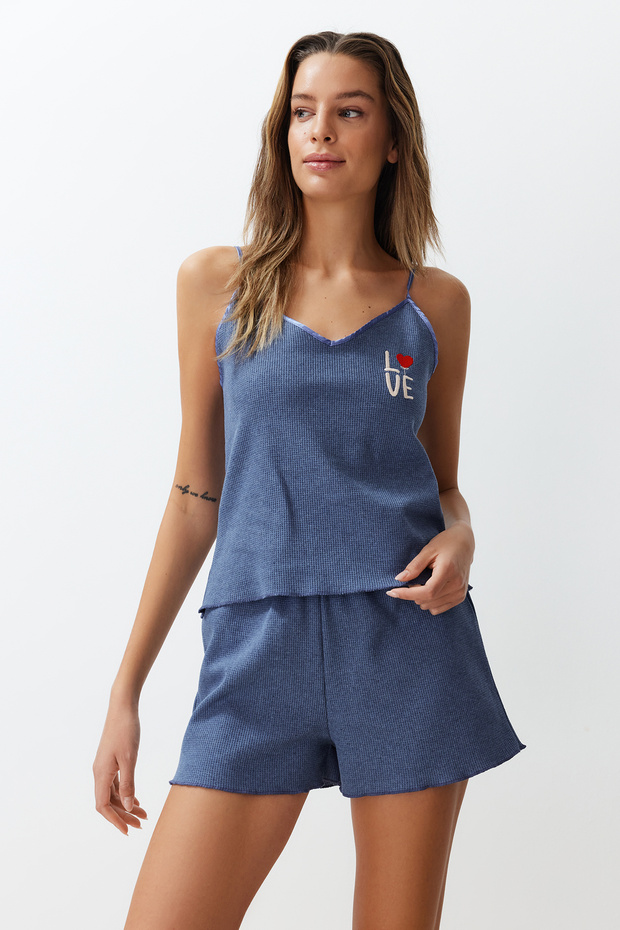 Mavi Dokulu Nakışlı İp Asklı Şortlu Örme Pijama Takımı THMSS24PT00155 - 3