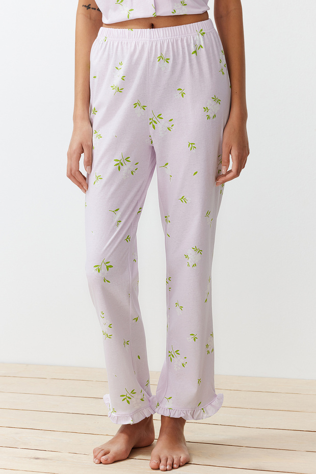 Pembe-Çok Renkli %100 Pamuklu Çiçekli Fırfır Detaylı Örme Pijama Takımı THMSS24PT00227 - 5