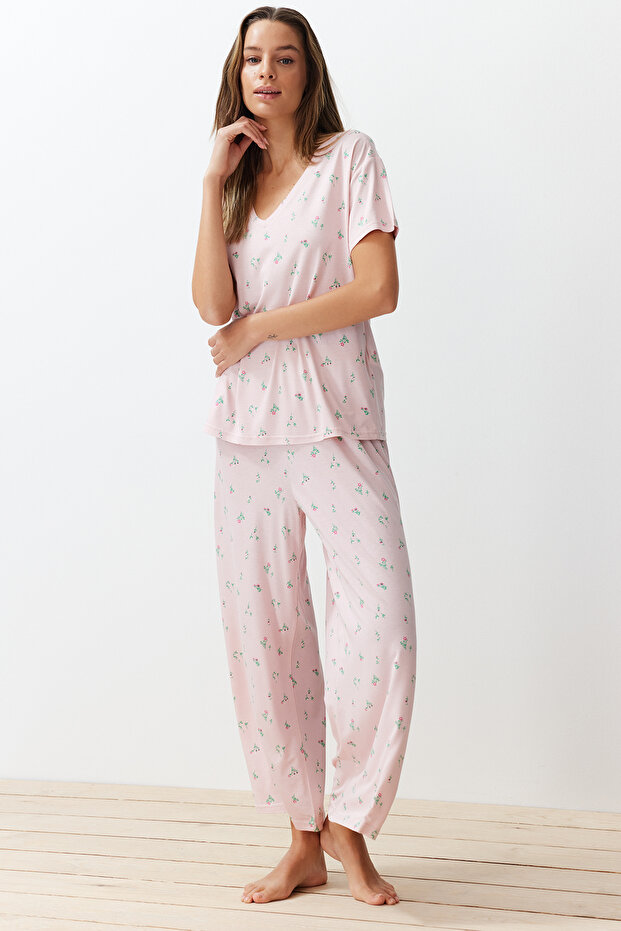 Pudra-Çok Renkli Çiçekli Örme Pijama Takımı THMSS24PT00231 - 2