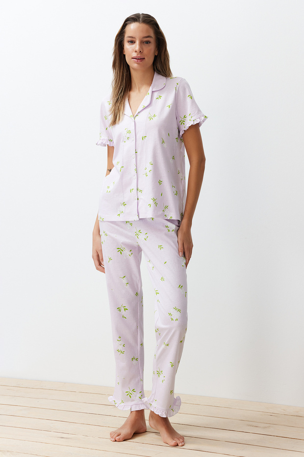 Pembe-Çok Renkli %100 Pamuklu Çiçekli Fırfır Detaylı Örme Pijama Takımı THMSS24PT00227 - 1