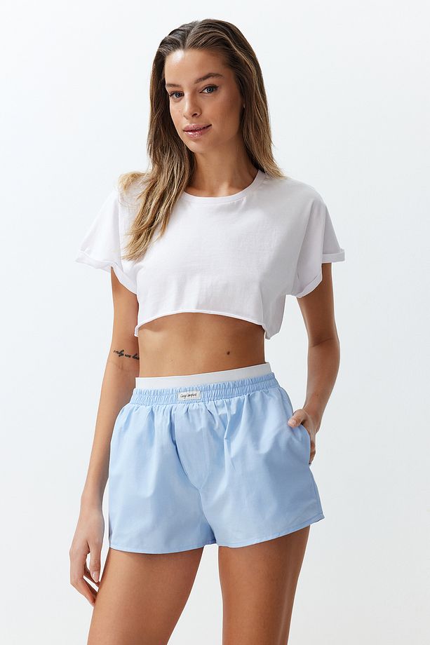 Mavi Lastik ve Etiket Detaylı Viskon Şort Dokuma Pijama Altı THMSS24PJ00021 - 1