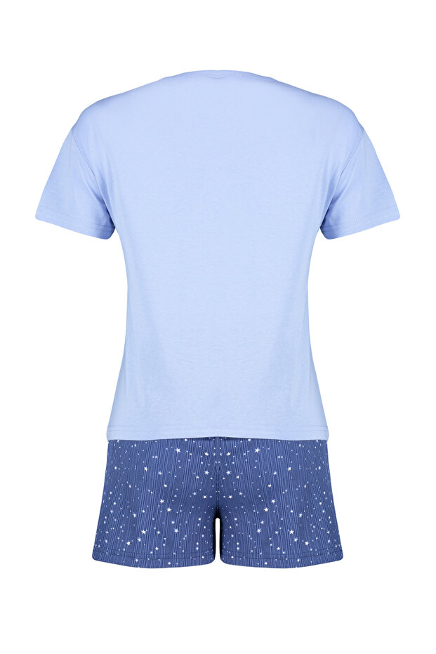 Mavi %100 Pamuklu Yıldız Desenli Şortlu Örme Pijama Takımı THMSS24PT00202 - 8