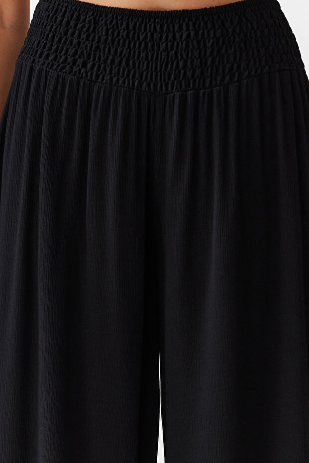 Siyah Dokuma Gipeli Maxi Plaj Yüksek Bel Pantolon TBESS24PL00008 - 4