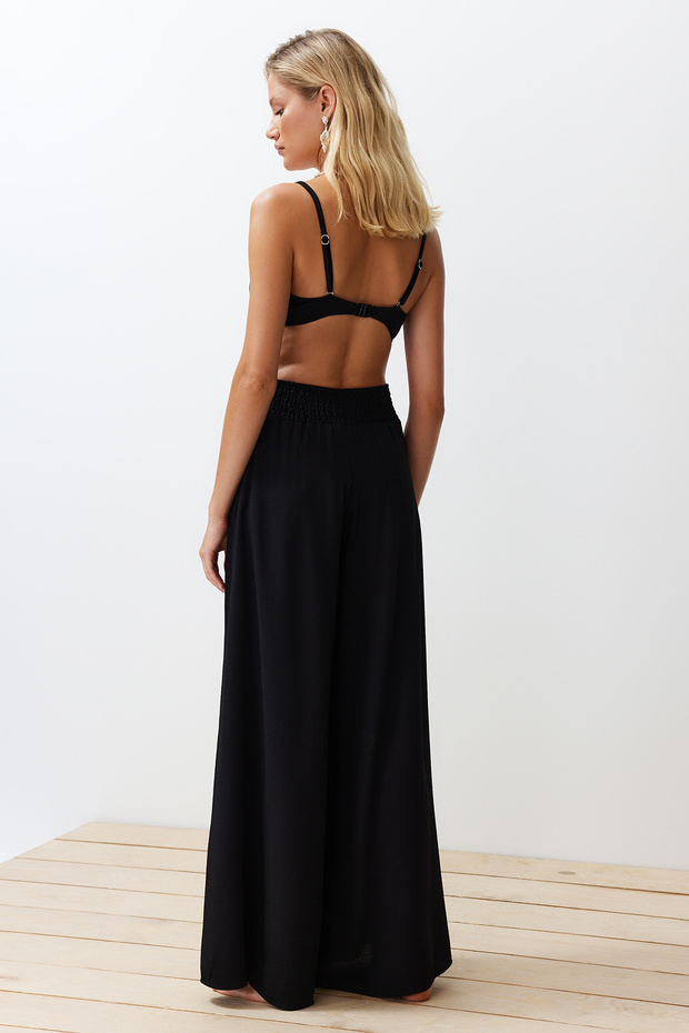 Siyah Dokuma Gipeli Maxi Plaj Yüksek Bel Pantolon TBESS24PL00008 - 6