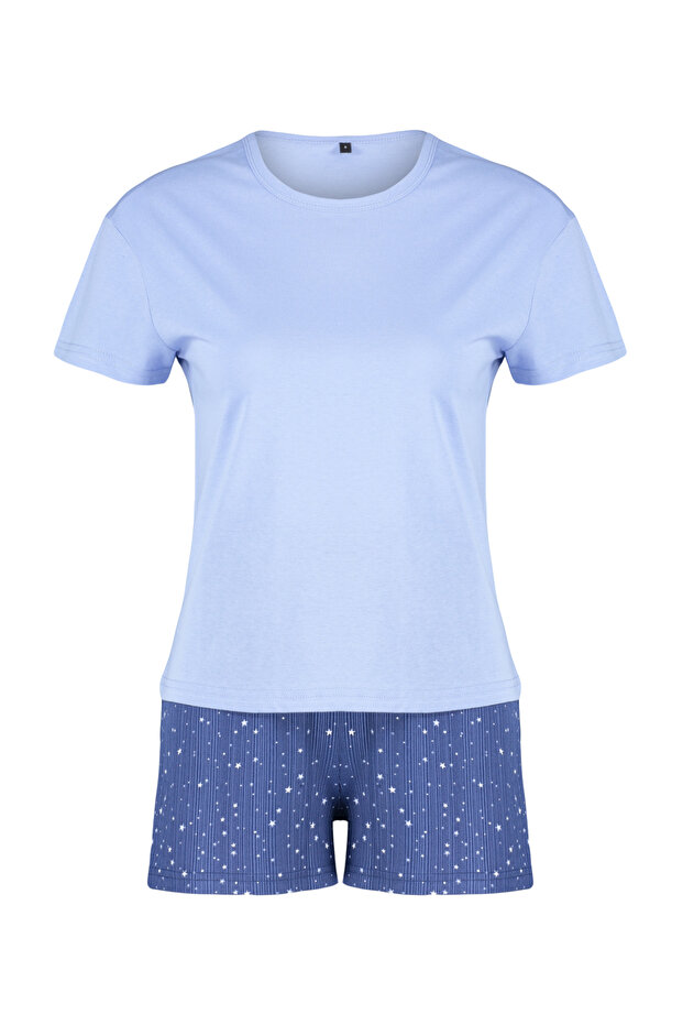 Mavi %100 Pamuklu Yıldız Desenli Şortlu Örme Pijama Takımı THMSS24PT00202 - 7