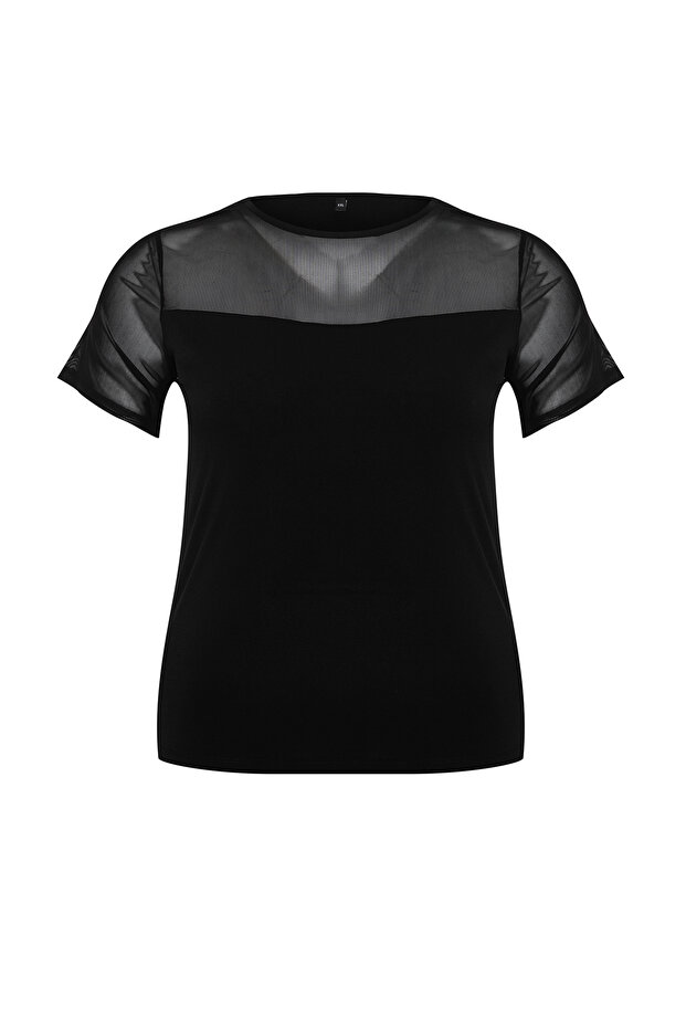 Siyah Kalp Yaka Mesh Detaylı Örme Bluz TBBSS24AF00046 - 7