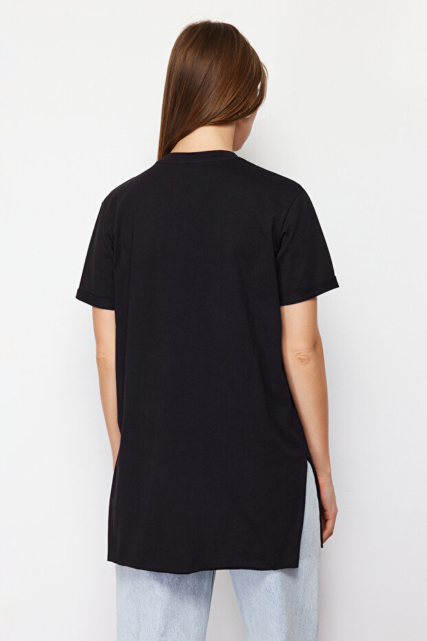 Siyah %100 Pamuk Basic Kısa Kollu Yırtmaçlı Süprem İçlik T-Shirt TCTSS21TN0056 - 6