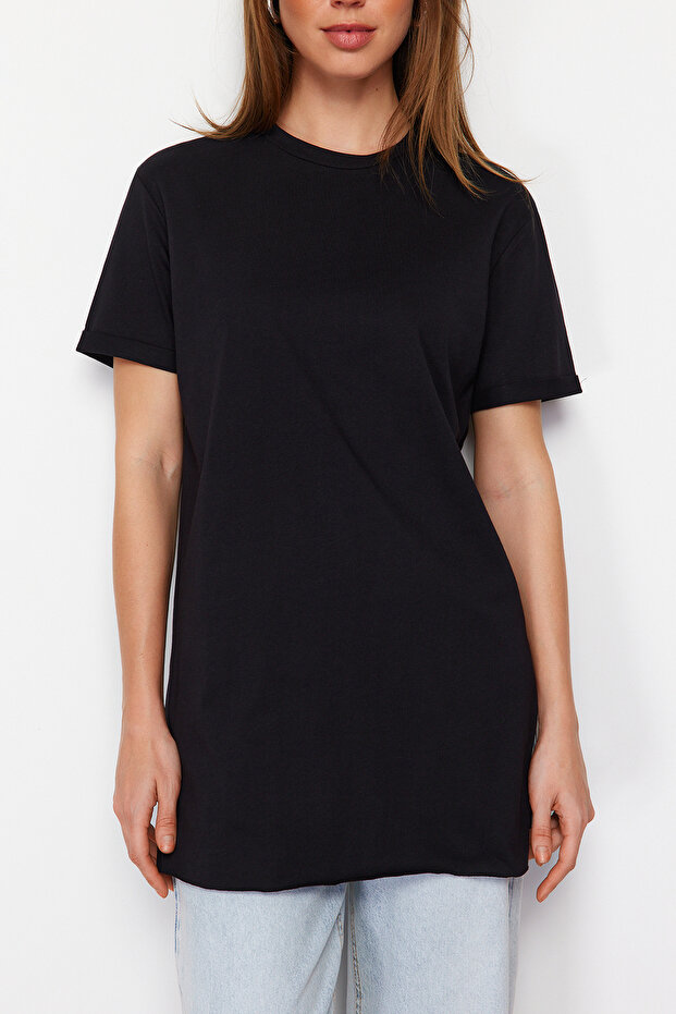 Siyah %100 Pamuk Basic Kısa Kollu Yırtmaçlı Süprem İçlik T-Shirt TCTSS21TN0056 - 4